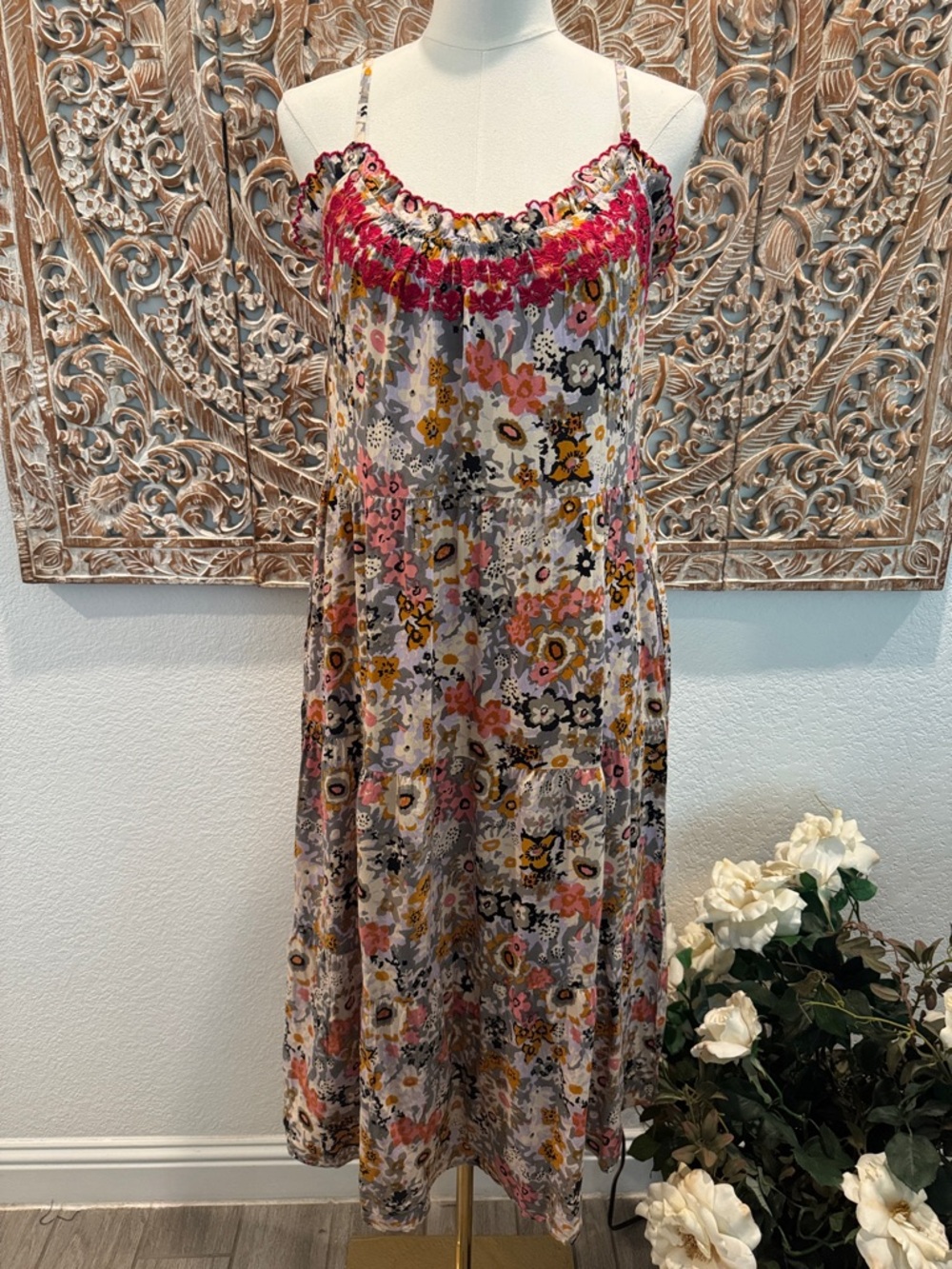 Natural Life Avery Boho Floral Midi Sundress, Pink Embroidered Trim, & Pockets! - Picture 2 of 15